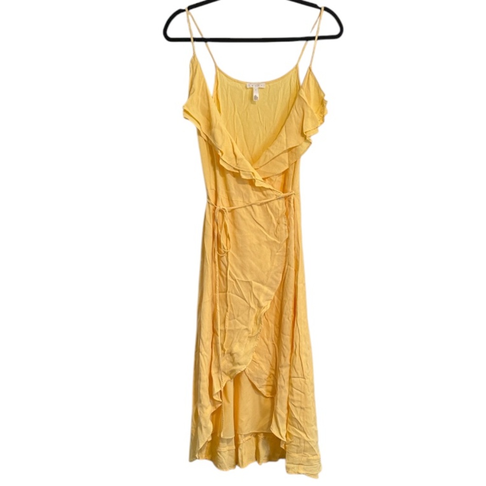 Leith Yellow Ruffle Detail High Low Wrap Dress